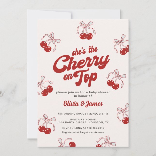 Retro Hon är Cherry on Top Trendig Baby Shower Inbjudningar (Framsida)