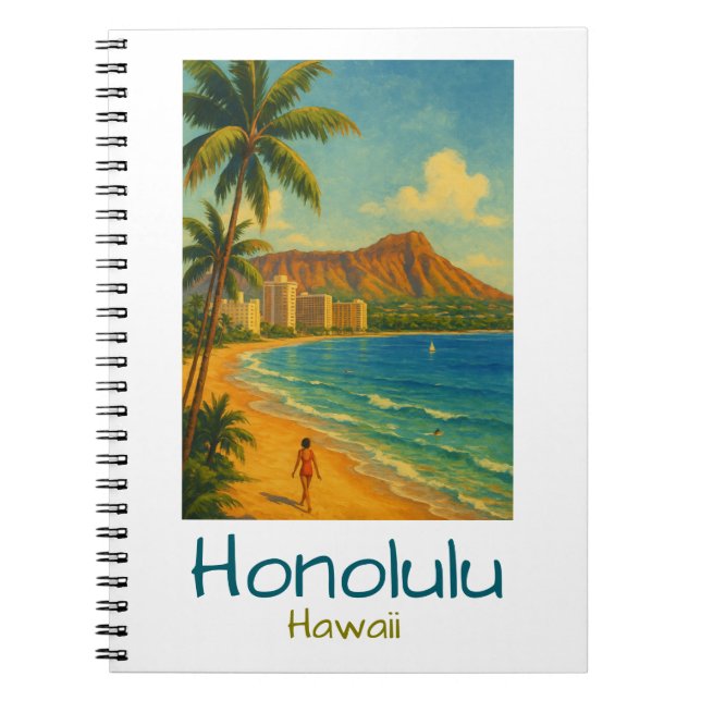 Retro Honolulu Hawaii Waikiki Beach Anteckningsbok (Framsidan)