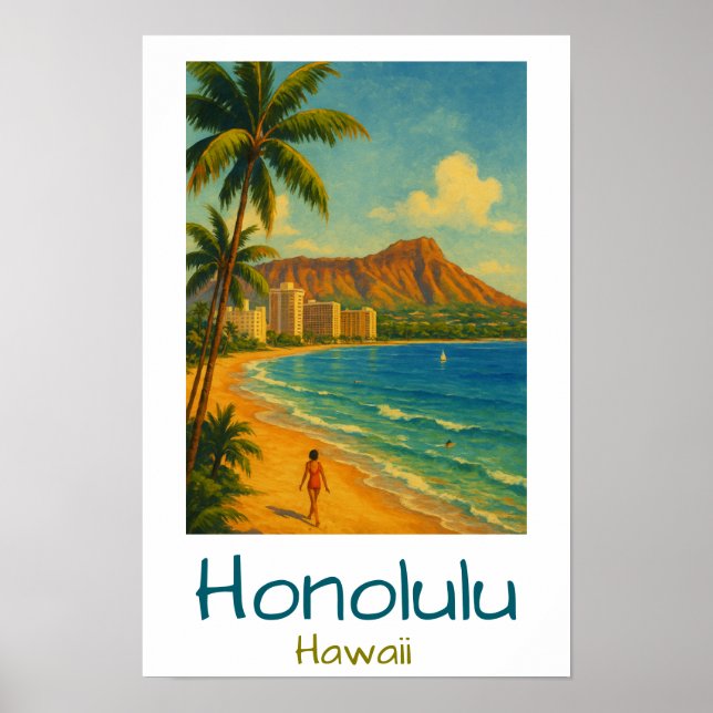 Retro Honolulu Hawaii Waikiki Beach Poster (Framsidan)