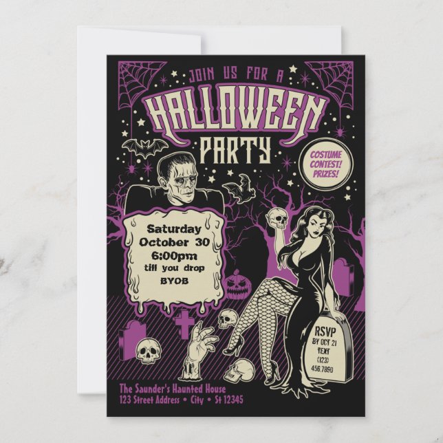Retro Horror Pin Up Halloween Costume Party Invita Inbjudningar (Framsida)
