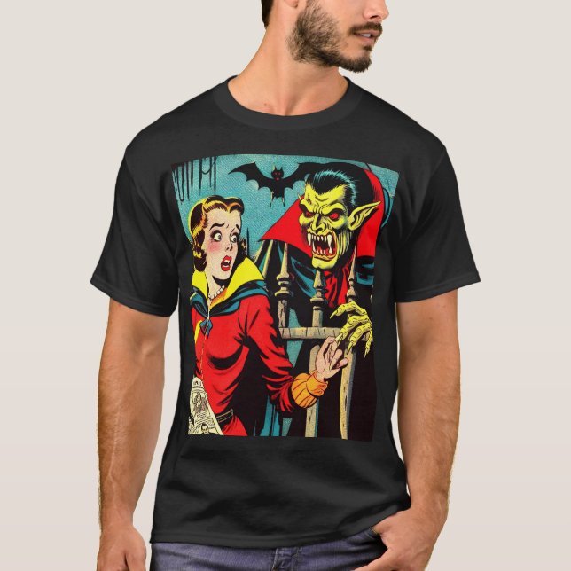 Retro Horror Vampire Tecknads T Shirt (Framsida)