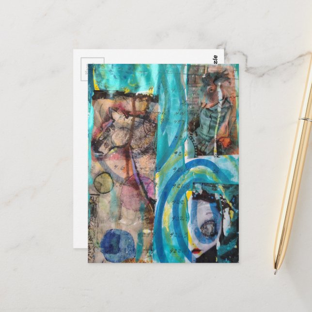 Retro Horse, Donkey, and a Doll Unique Mixed Media Vykort (Fram/Back In Situ)