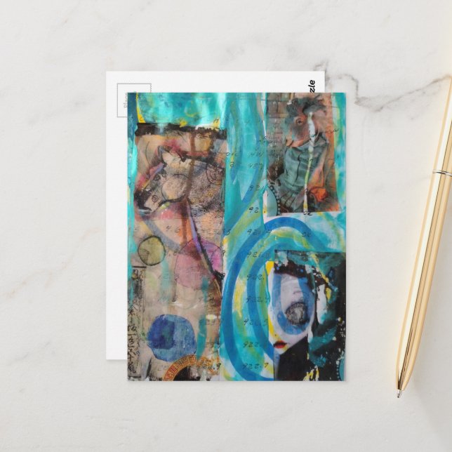 Retro Horse, Donkey, and Doll Mixed Media Collage Vykort (Fram/Back In Situ)