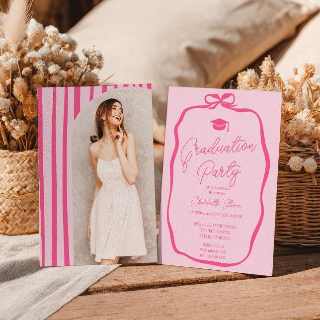 Retro Hot Pink Coquette Bow photo graduation Inbjudningar (Retro Hot Pink Coquette Bow photo graduation Invitation)