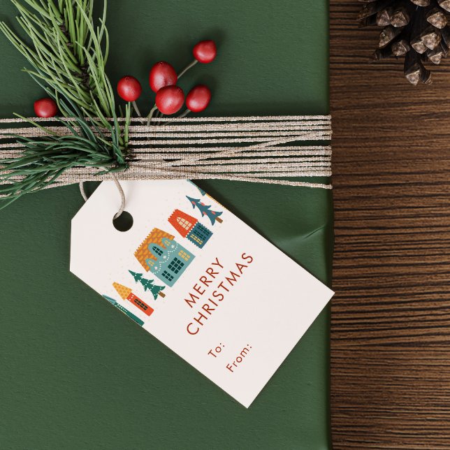 Retro House Semester Presentetikett (Retro Holiday Houses Gift Tags)