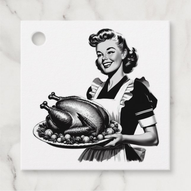 Retro Housefru med Thanksgiving Turkiet Gåvor Etiketter (Framsida)