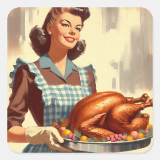 Retro Housefru Thanksgiving Turkiet Vintage Fyrkantigt Klistermärke