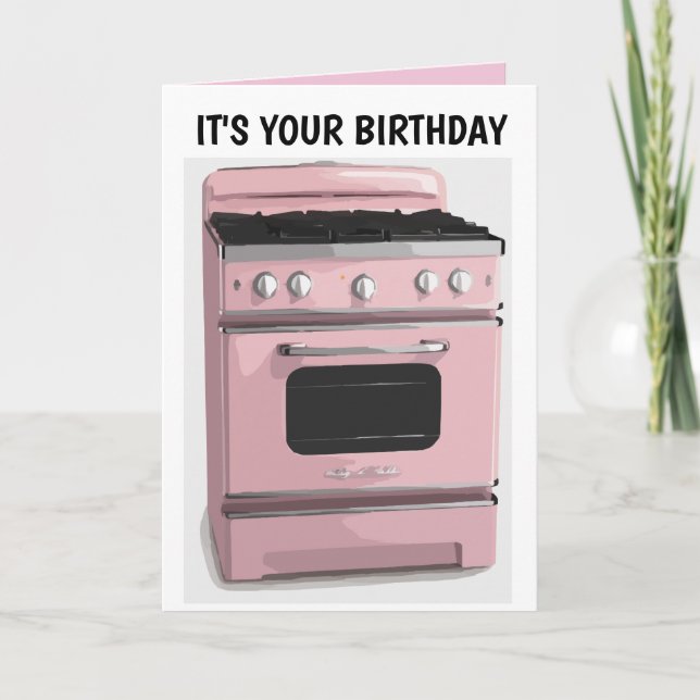 RETRO HOUSEWIFE ROSA OVEN BIRTHDAY CARD KORT (Framsida)