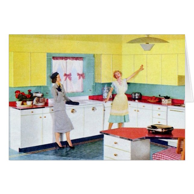 Retro Housewives in Kitchen Hälsningskort (Framsidan Horizontal)