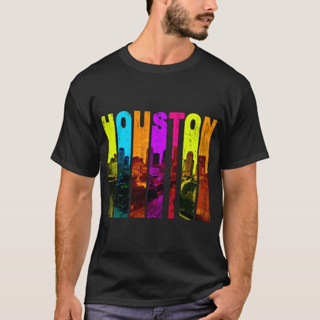 Retro Houston Texas Cityscape Skyline T Shirt (Framsida)