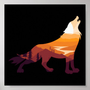 Retro Howling Varg liggande Wilderness Sunset Poster