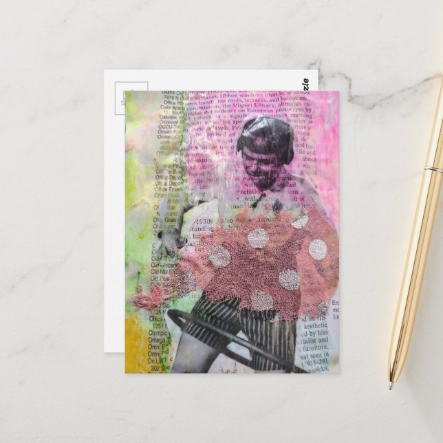 Retro Hula Hoop-dans Mixed Media Collage Vykort (Fram/Back In Situ)