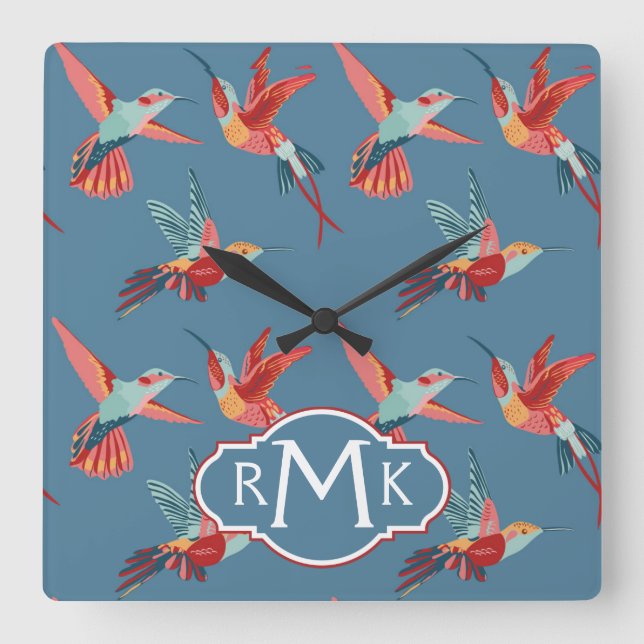 Retro Hummingbird Mönster | Monogram Fyrkantig Klocka (Framsida)