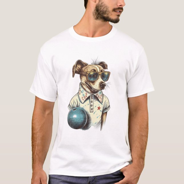 Retro Hund Play Bowling T Shirt (Framsida)