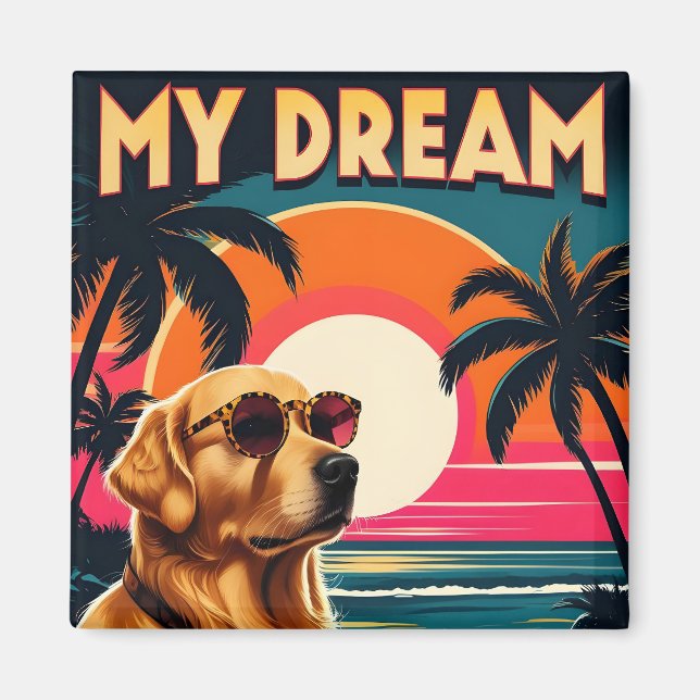 Retro hund solglasögon Vintage solnedgång Strand  Magnet (Framsidan)