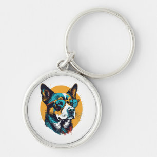 Retro hund som bär solglasögon rund silverfärgad nyckelring