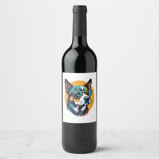 Retro hund som bär solglasögon vinflaska etikett (Framsida)