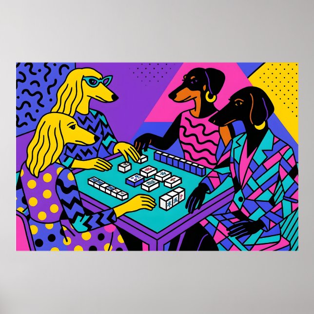 Retro hundar som spelar Mahjong Poster (Framsidan)