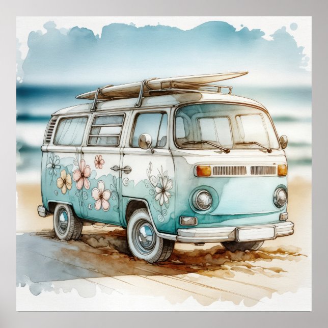 Retro husbil med hippblommor och surfbräda poster (Framsidan)