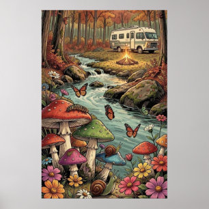 Retro Husvagn, Svamp, Bäck och Blommor Poster