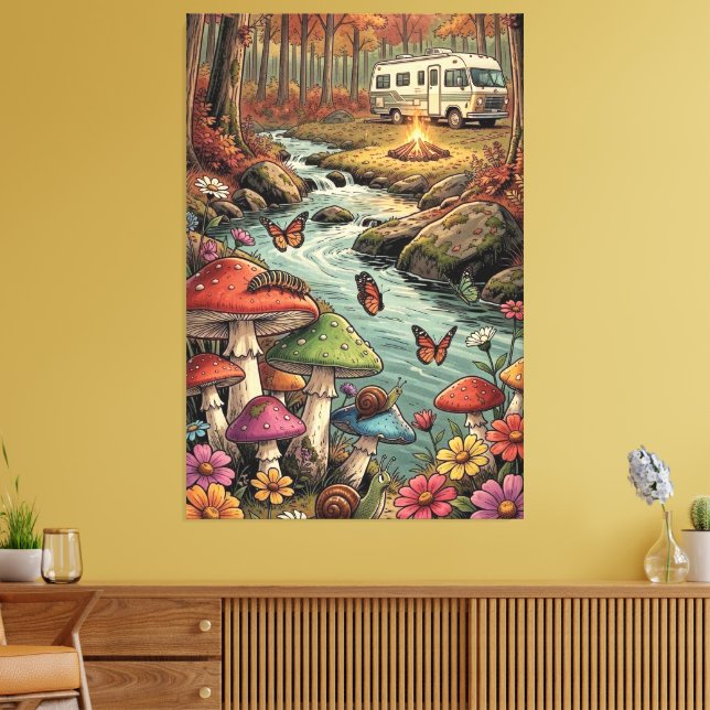 Retro Husvagn, Svampar, Bäck och Blommor Canvastryck (Insitu (Vardagsrum))