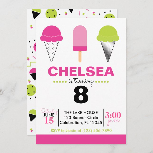 Retro Ice Cream Birthday-inbjudan - Rosa & Mint Inbjudningar (Fram/baksida)
