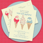 Retro Ice Cream Cone 60:e födelsedagsinbjudan Vykort<br><div class="desc">Nytt för sommaren 2024. Vår "Ice Cream,  You Skräm We All Skräm Lycklig 60 Birthday!"-vykort. Tre reflekterande glasskrämar med patriotisk röd,  vit och blå glass och sprinkler tar mittskedet över födelsedagsfestens detaljer.</div>