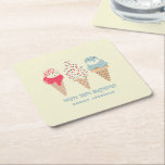 Retro Ice Cream Cone 70th Birthday Anpassningsbar Underlägg Papper Kvadrat<br><div class="desc">Nyheter för sommaren 2004. En retro-patriotisk design har tre glassar i pastellreflexröd,  vit och blå. Med två linjer redigerbar text kan du anpassa den här designen.</div>