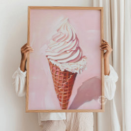 Retro Ice Cream Cone Rosa Painting Poster. Poster