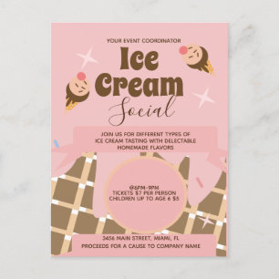 Retro Ice Cream Cone Social Flyers Rosa Vykort