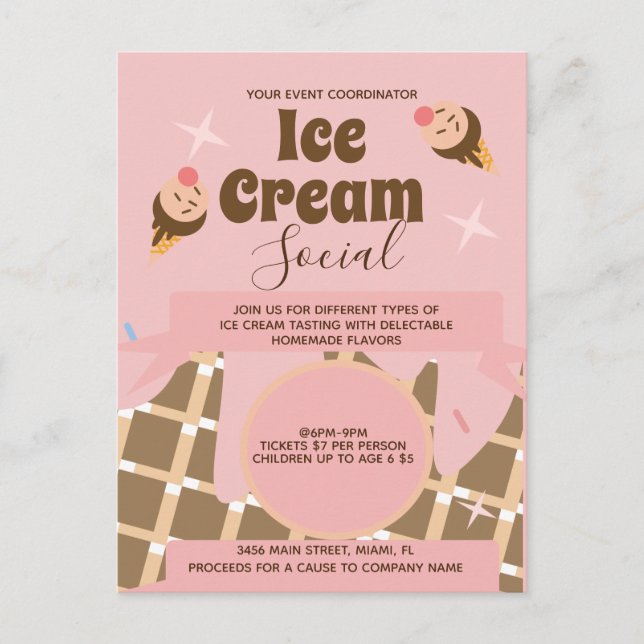 Retro Ice Cream Cone Social Flyers Rosa Vykort (Framsida)