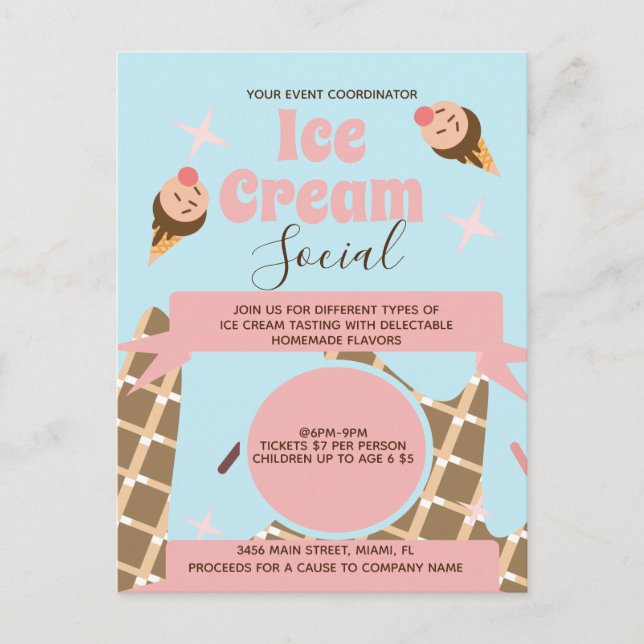 Retro Ice Cream Cone Social Flyers Rosa Vykort (Framsida)