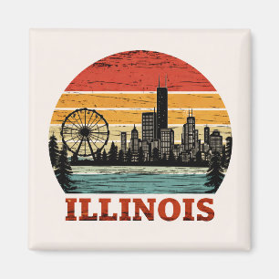Retro Illinois Chicago Siluett Vintage Solnedgång Magnet