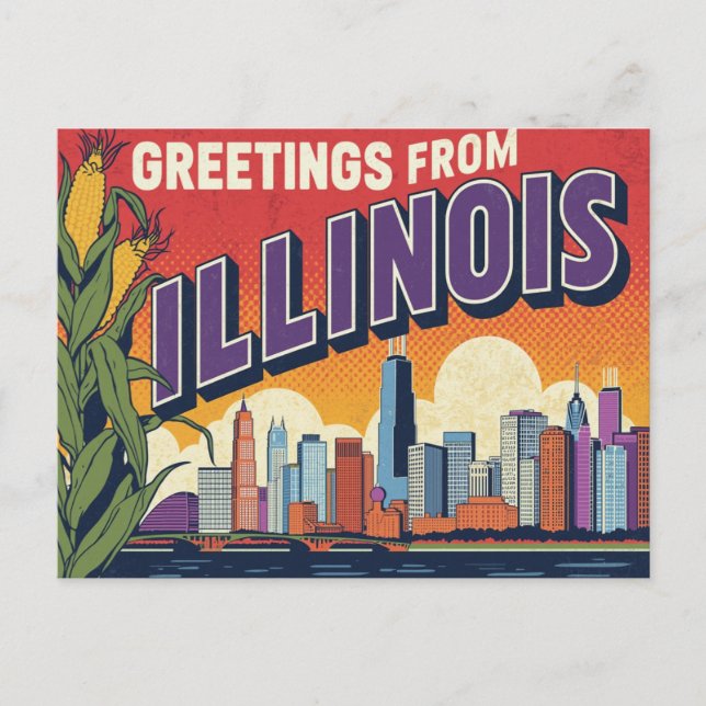 Retro Illinois Chicago Skyline Maj hälsningar Vykort (Framsida)