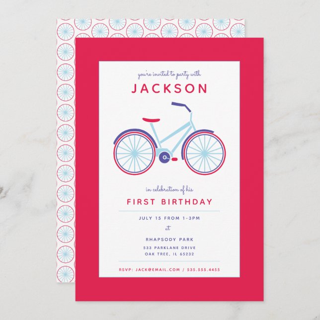 Retro Illustrated Bicycle in Red Birthday Inbjudningar (Fram/baksida)
