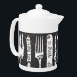 Retro Illustrated Cutlery Art<br><div class="desc">Snyggt och unik svartvit utformning av återbildat bestick på liten tekanna.</div>