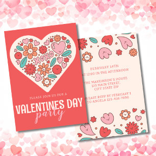 Retro Illustrated Hearts Valentines day Party Inbjudningar