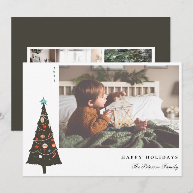 Retro Illustrated Julgran Modern Julkort (Fram/baksida)