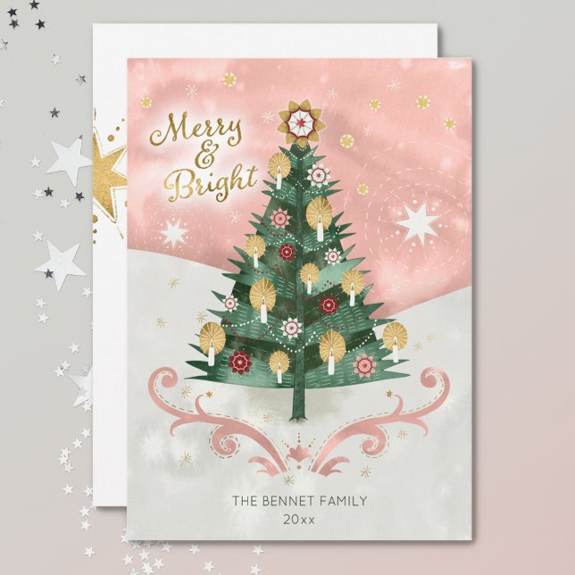 Retro Illustrated Träd Merry & Bright Jul Julkort (Skapare uppladdad)