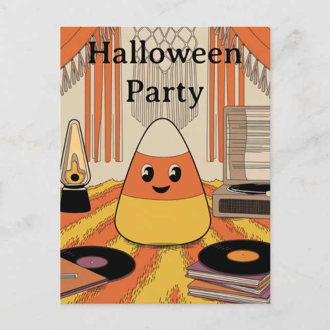 Retro,inbjudan till Groovy Candy corn Halloween fe Vykort (Framsida)