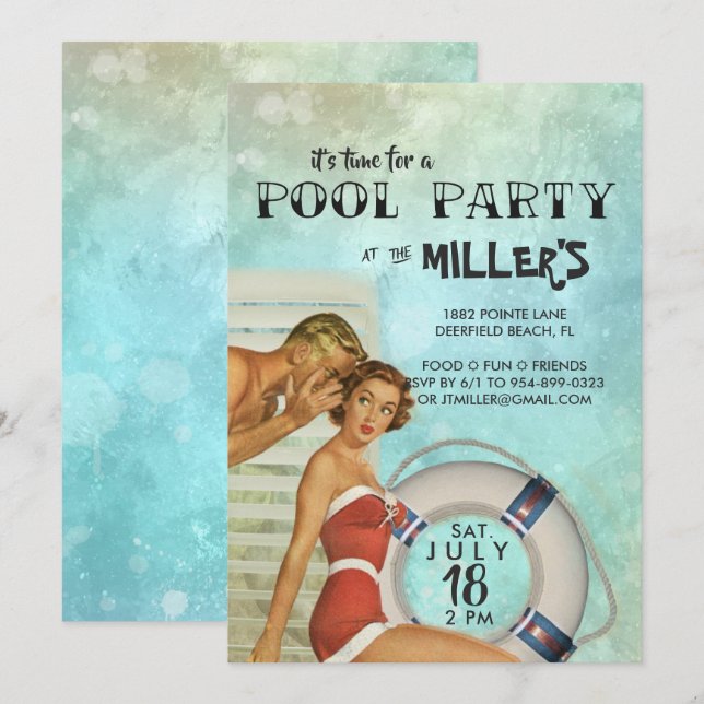 Retro inbjudan till poolparty (Fram/baksida)