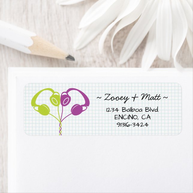 Retro Indie-hörlurar Heart Bröllop Lila Lime Returadress Etikett (Insitu)