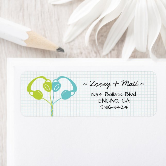 Retro Indie-hörlurar Heart Bröllop Lime Blue Returadress Etikett (Insitu)