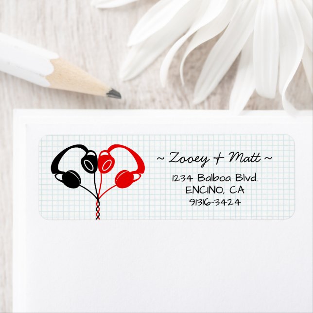 Retro Indie-hörlurar Heart Bröllop Red and Black Returadress Etikett (Insitu)