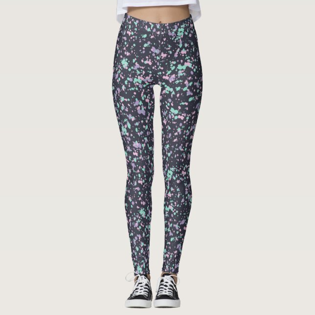 Retro Inky Black Speckled Pastel Splatter Paint Leggings (Framsida)