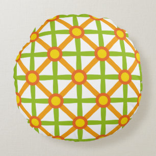 Retro Inspired Orange Grönt och Gult Mönster Rund Kudde
