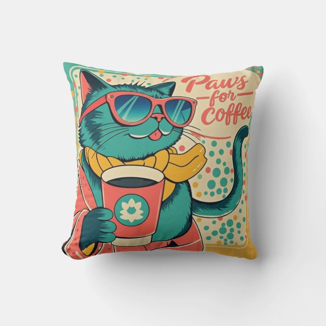 Retro-inspirerad tecknad katt som bär överdimensio kudde (Framsida)