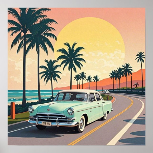 Retro-inspirerad veteranbil på en kustväg poster (Framsidan)