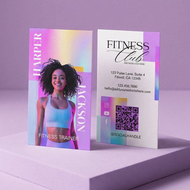 Retro Iridescent Holographic Fitness Trainer Photo Visitkort (Retro Iridescent Holographic Fitness Trainer Photo Business Card)