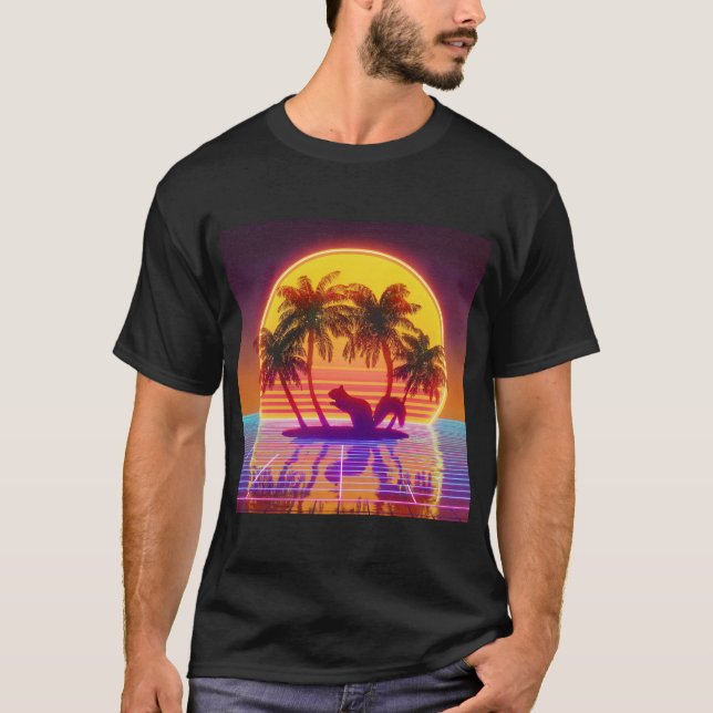Retro Island Squirrel in Neon Sunset T Shirt (Framsida)